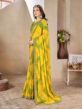 Yellow & Green Moss chiffion Bandhani Print Saree